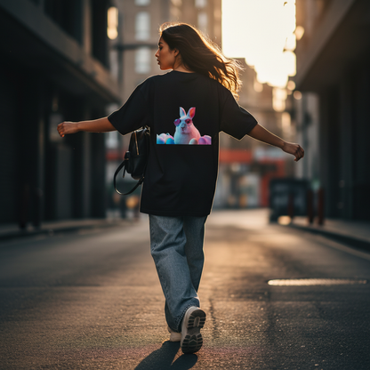 Female model back pose - mid-stride hair flow Gen-Z - bunny black tee