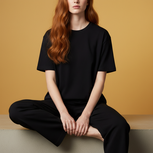 Women Plain Oversized Fit 5-Sleeve Midnight Black - Front Sitting
