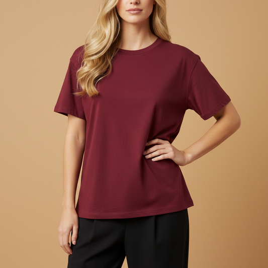 Women Plain Oversized Fit 5-Sleeve Royal Maroon - Front View