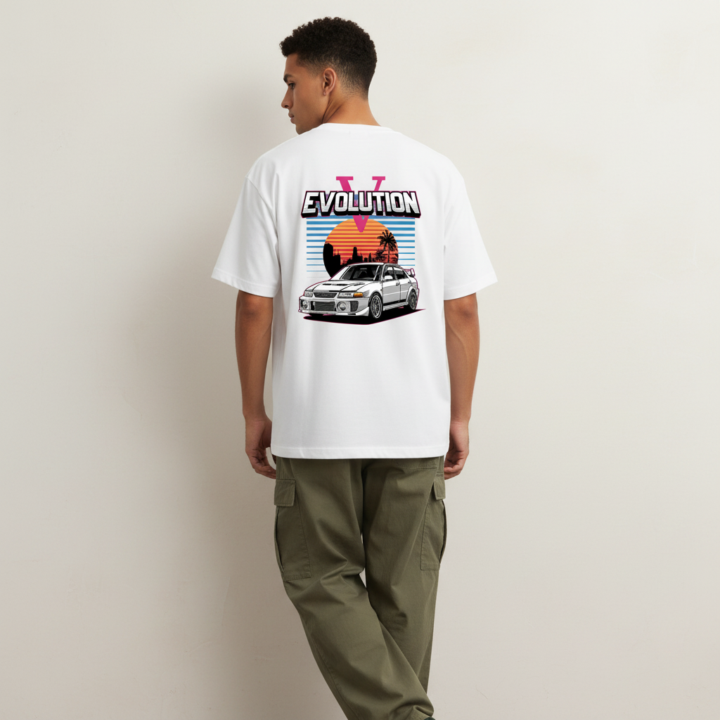 S1 - Model leaning on wall back to camera with Lancer Evolution back print