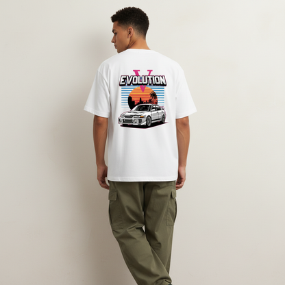 S1 - Model leaning on wall back to camera with Lancer Evolution back print