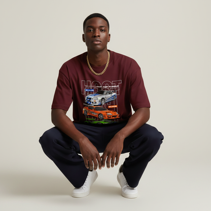 S1 - Model crouching front facing with Fast and Furious front print