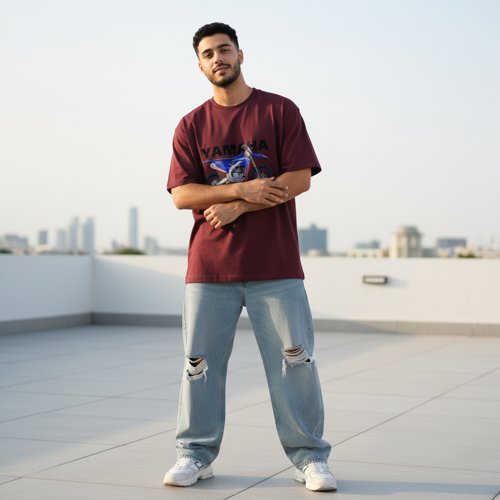 Male model front pose - arms crossed rooftop - Yamaha YZ250 maroon tee