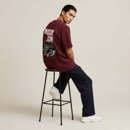 S1 - Model sitting on bar stool looking over shoulder with Ford GT back print