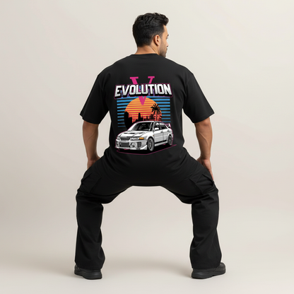 S2 - Model crouching one knee back to camera with Lancer Evolution back print