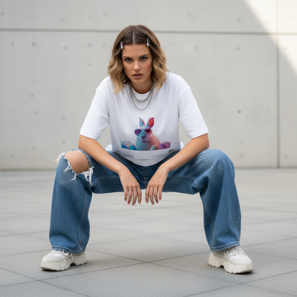 Female model front pose - street crouch Gen-Z - bunny white tee