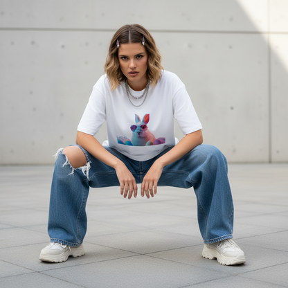 Female model front pose - street crouch Gen-Z - bunny white tee