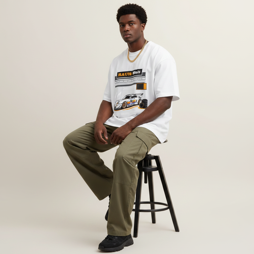 S2 - Model sitting on bar stool front facing with Porsche 99 Edition front print