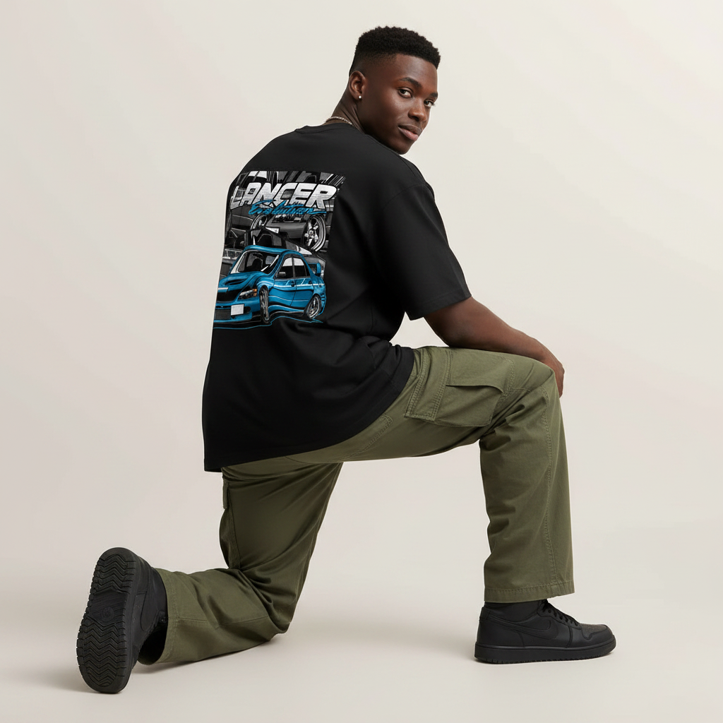 S2 - Model crouching one knee back to camera with Lancer Evo back print