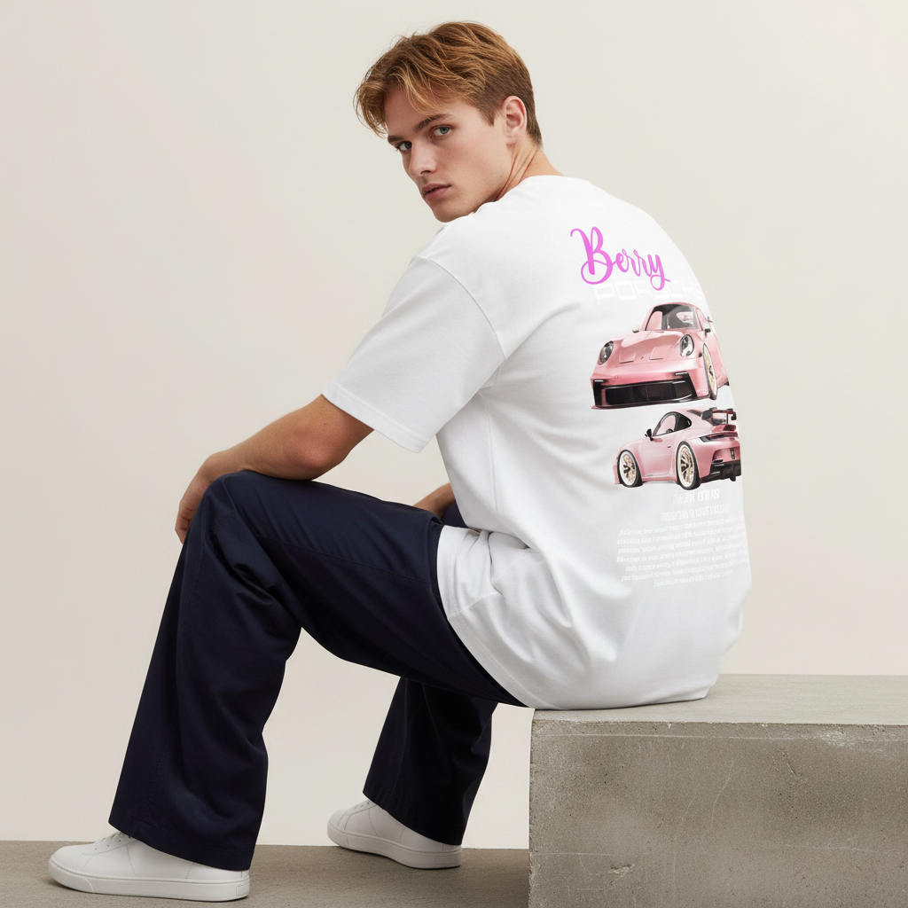 S1 - Model sitting on steps with Berry Porsche back print