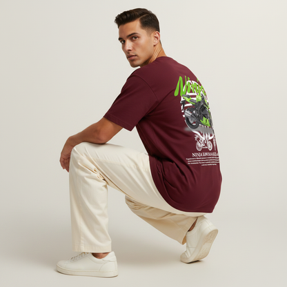 S2 - Model crouching back to camera with Ninja Kawasaki ZX-6R back print