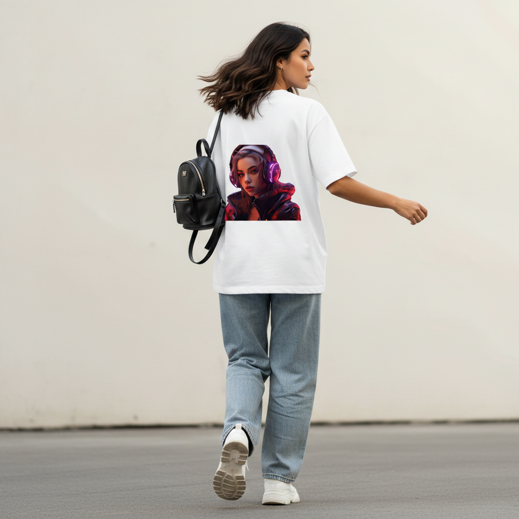 Female model back pose - mid-stride - DJ girl white tee