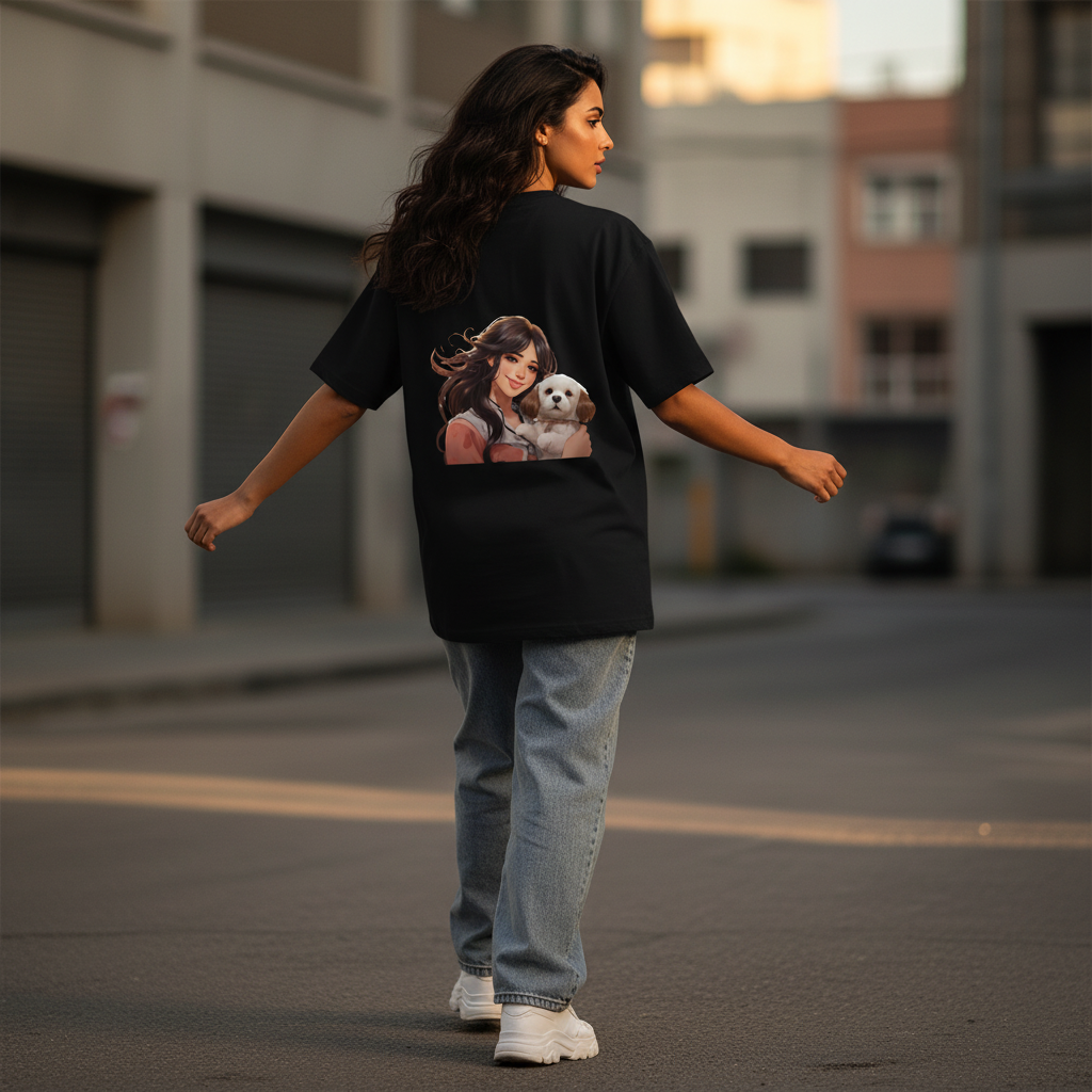 Female model back pose - mid-stride hair flow - anime puppy girl black tee