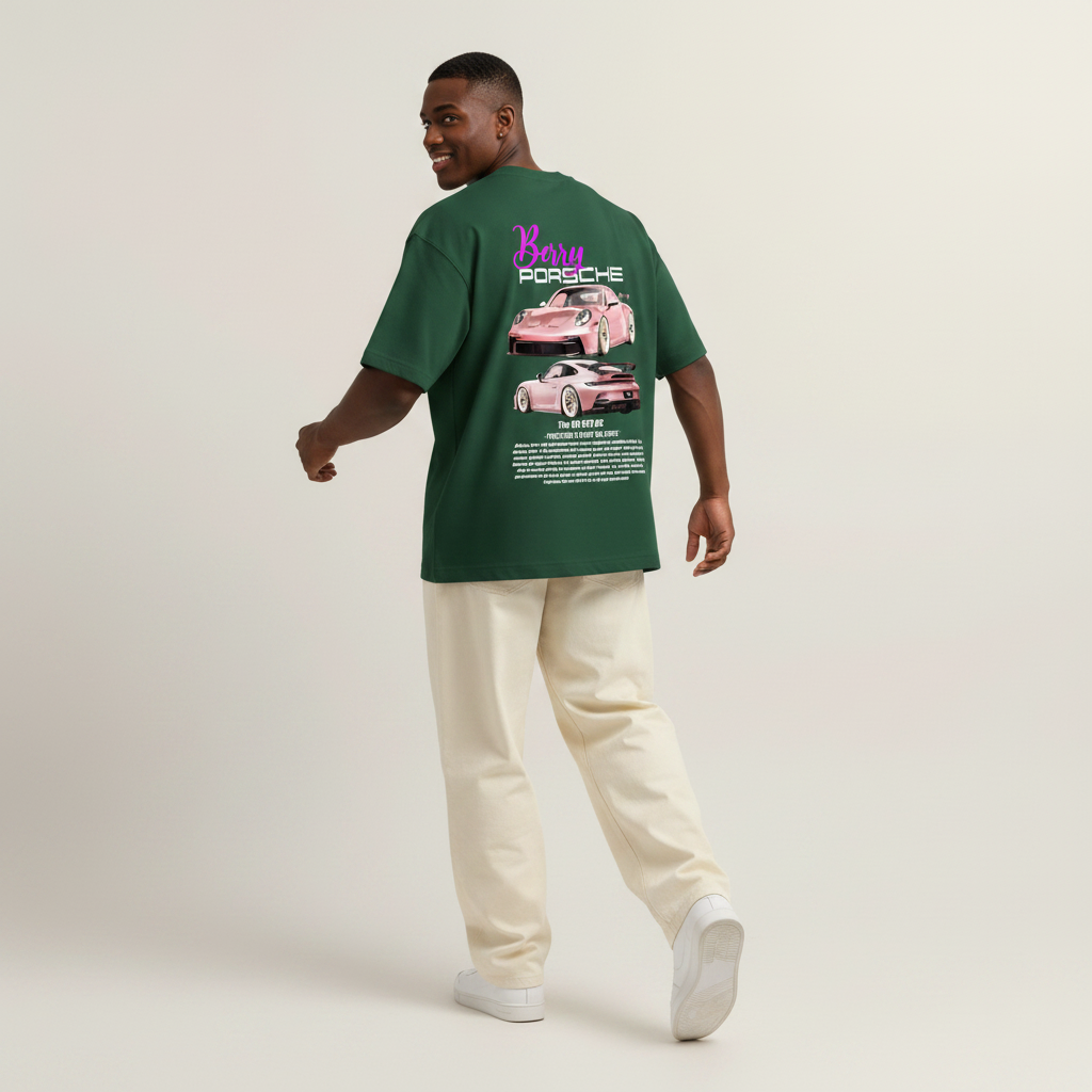S2 - Model walking away with Berry Porsche back print