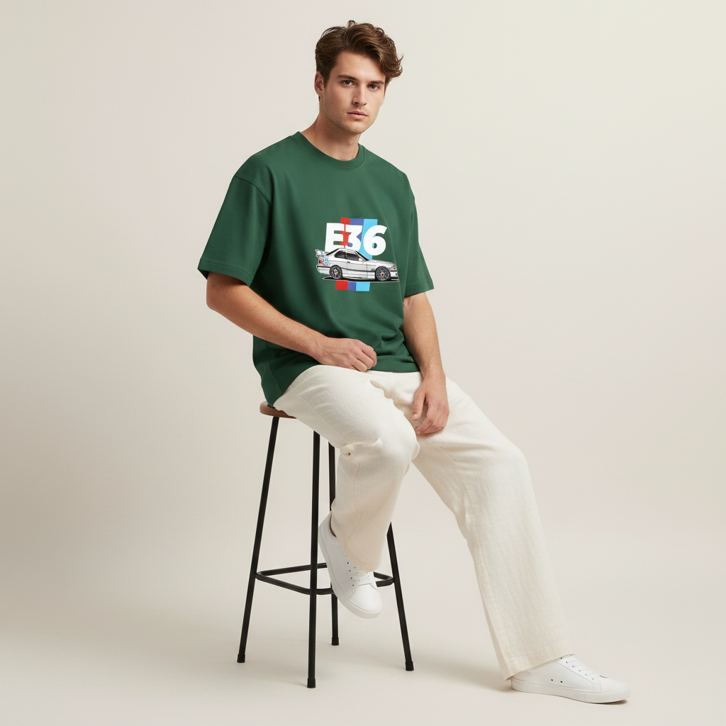 S1 - Model sitting on bar stool front facing with BMW E36 front print