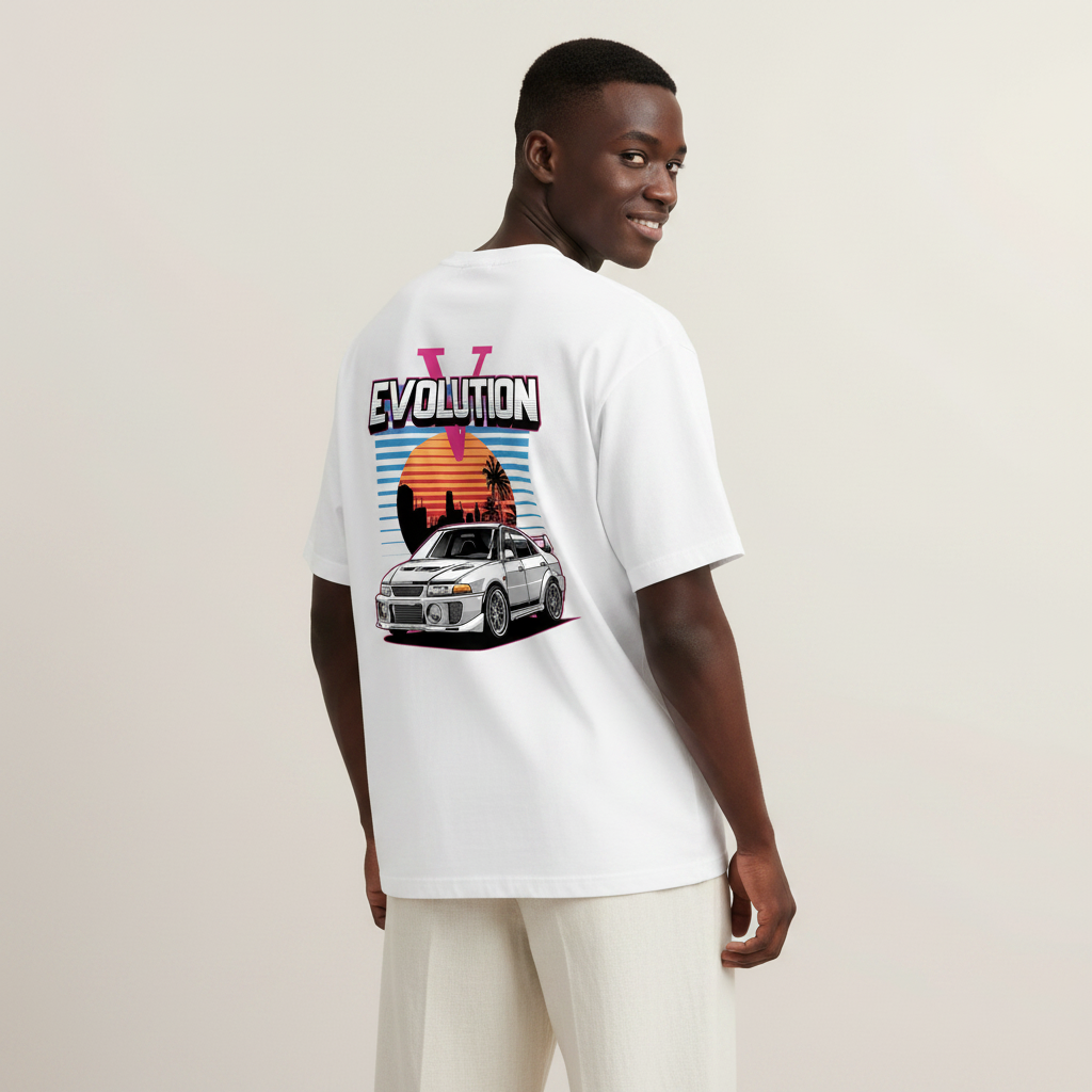 S2 - Model looking over shoulder back to camera with Lancer Evolution back print
