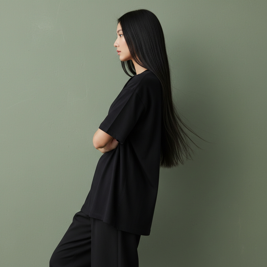 Women Plain Oversized Fit 5-Sleeve Midnight Black - Side Leaning