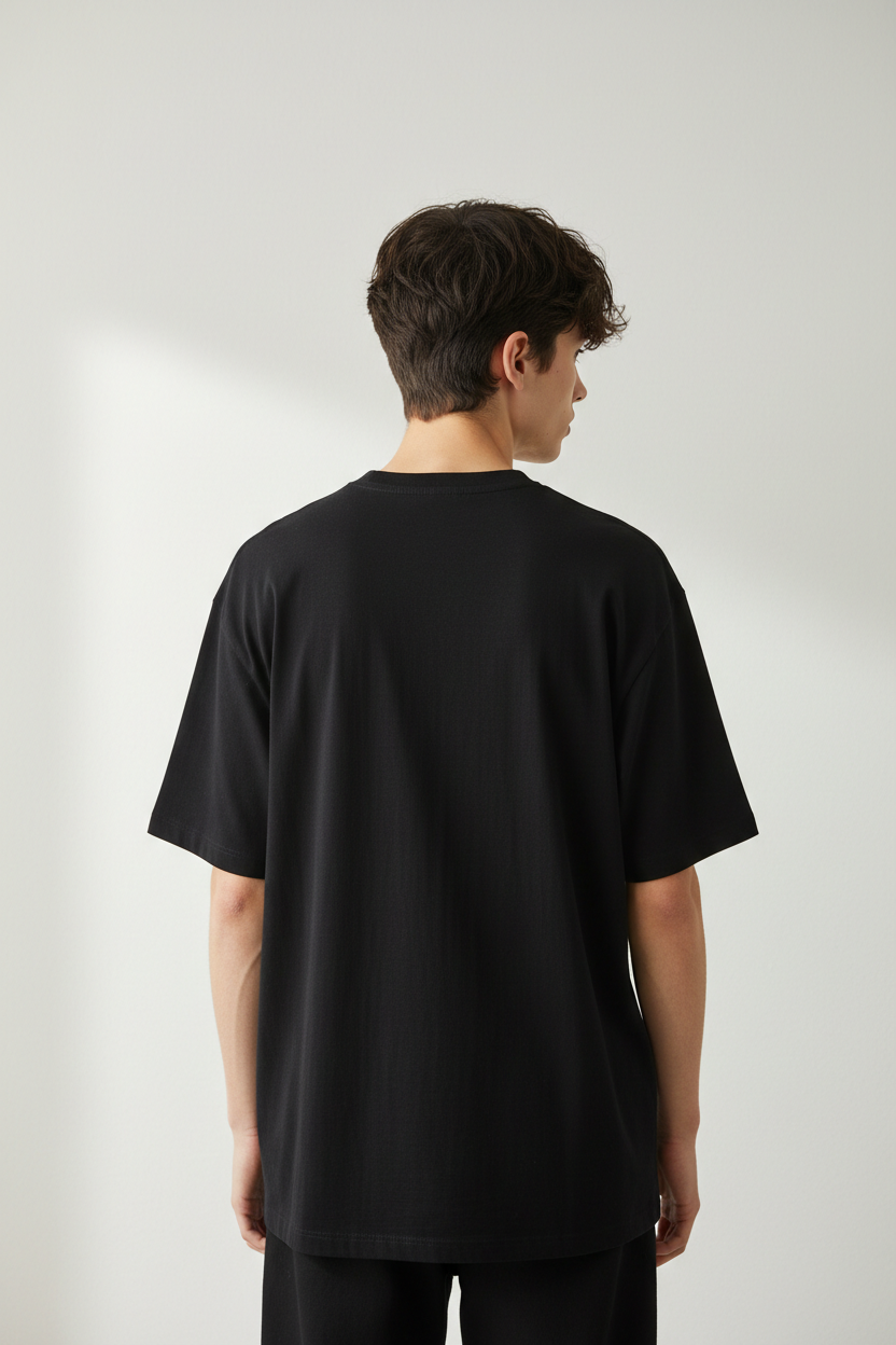 Person wearing Black T-Shirt - Back View