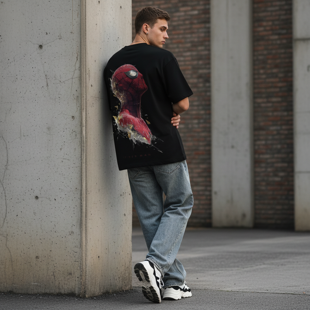 Male model back pose - White Caucasian - Spiderman black tee
