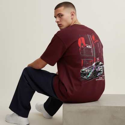S1 - Model sitting on ledge looking over shoulder with Nissan GTR back print
