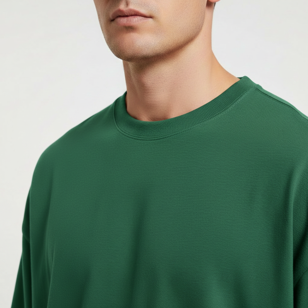 Men Plain Oversized Fit 5-Sleeve Bottle Green - Neck Detail