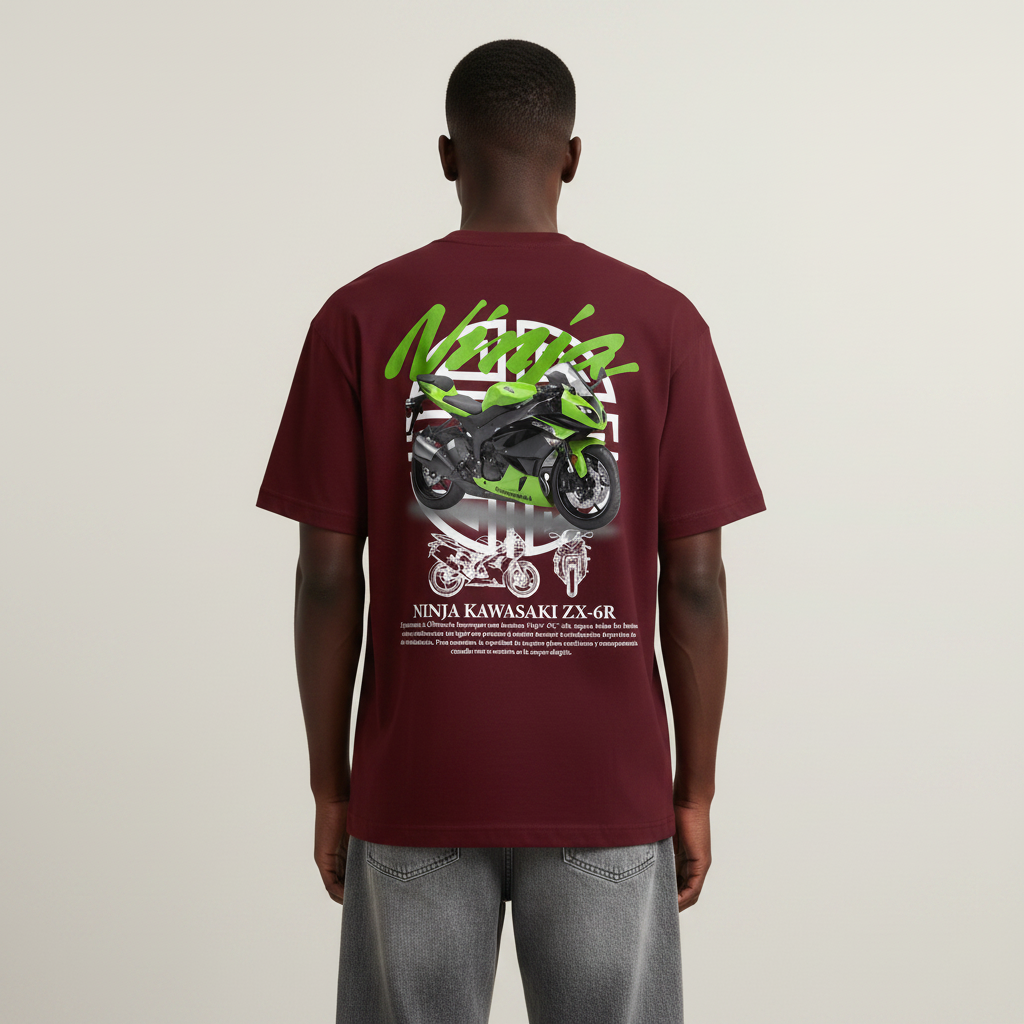S1 - Model back to camera standing with Ninja Kawasaki ZX-6R back print