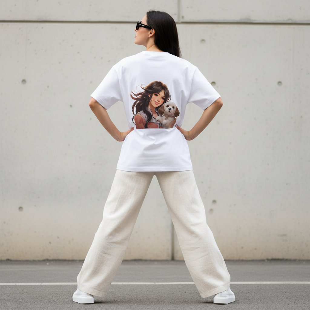 Female model back pose - wide stance boss - anime puppy girl white tee