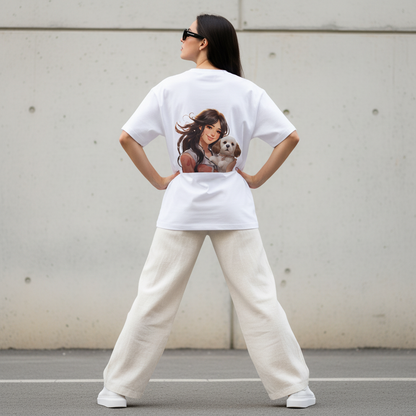 Female model back pose - wide stance boss - anime puppy girl white tee