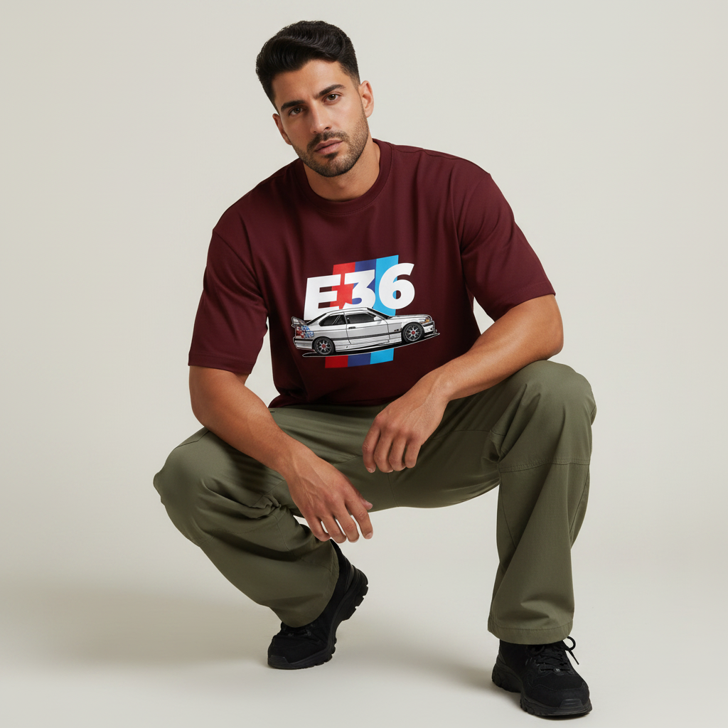 S2 - Model crouching front facing with BMW E36 front print