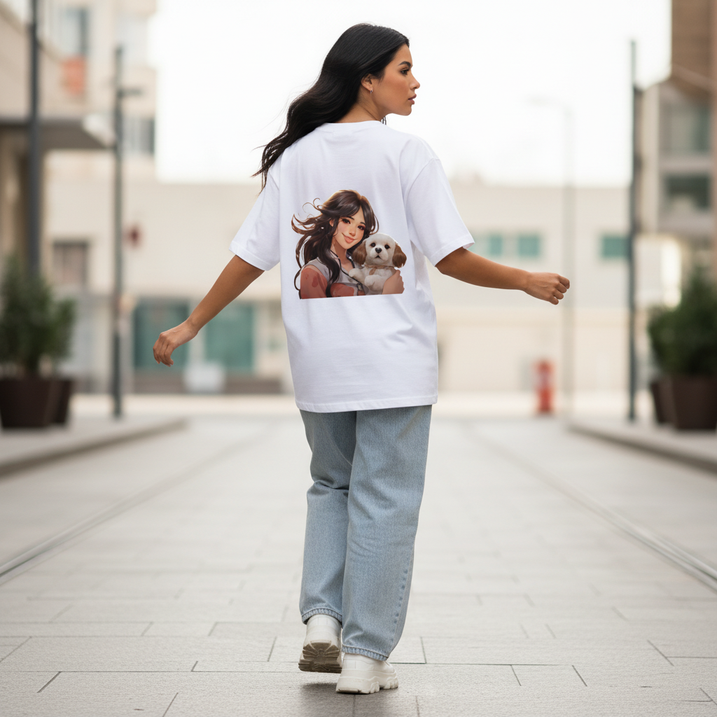 Female model back pose - mid-stride hair flow - anime puppy girl white tee
