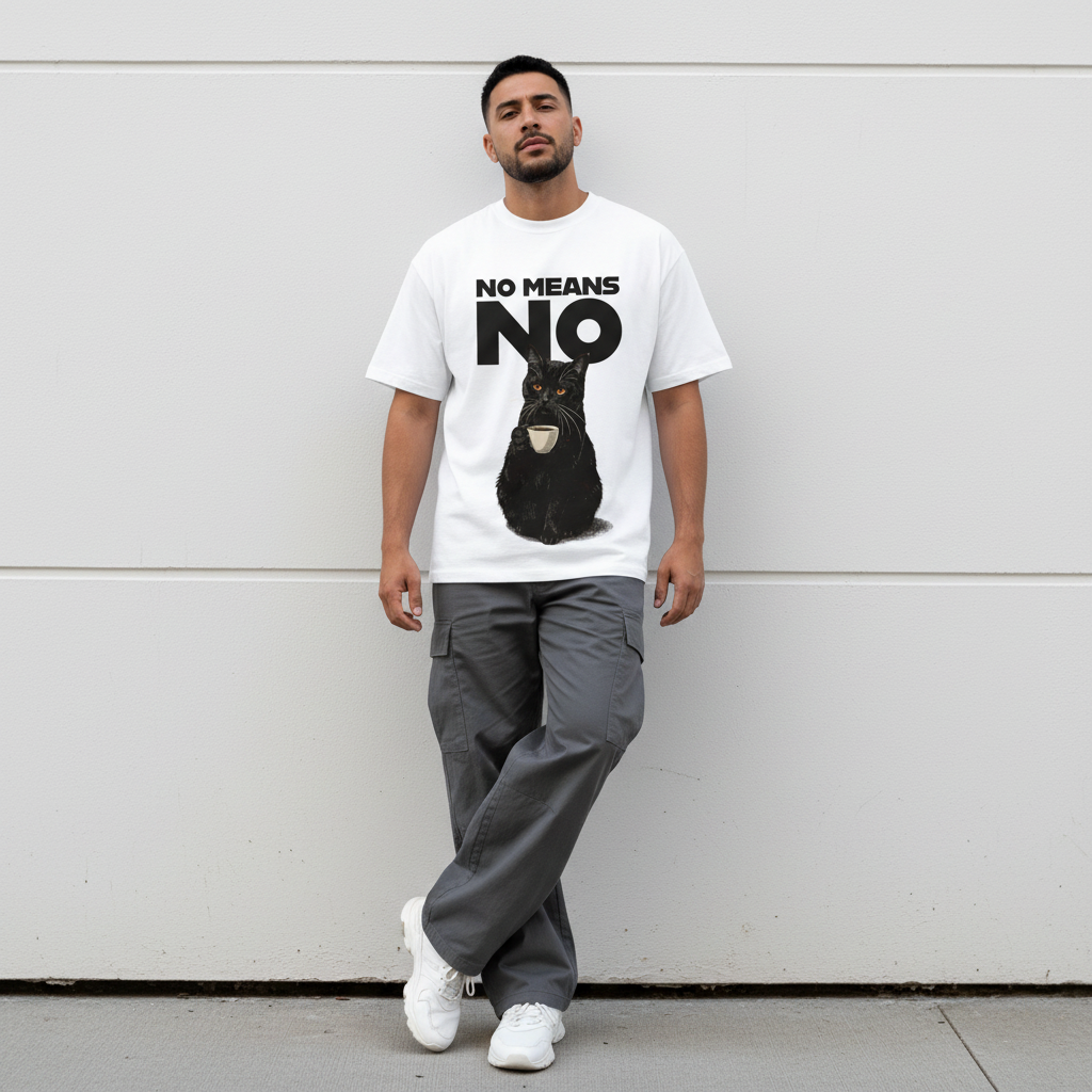 Male model front pose - Latino Hispanic - No Means No cat white tee