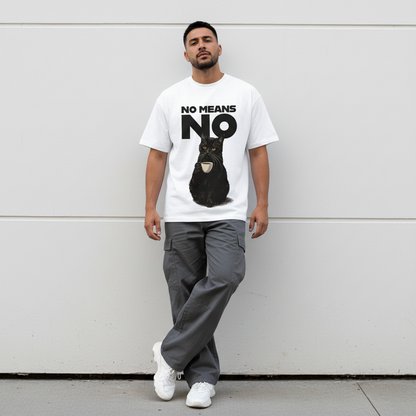 Male model front pose - Latino Hispanic - No Means No cat white tee