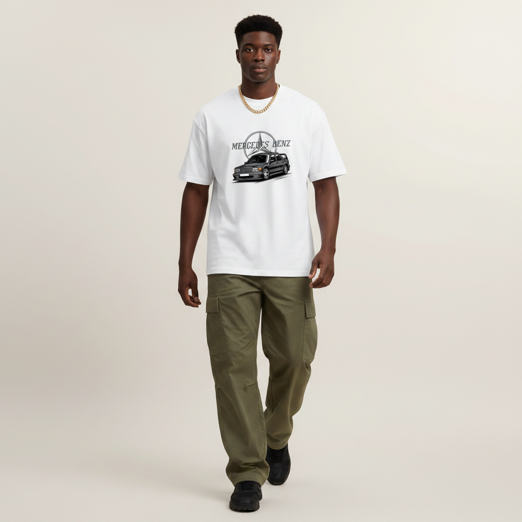 S2 - Model mid-stride front facing with Mercedes Benz Evolution front print