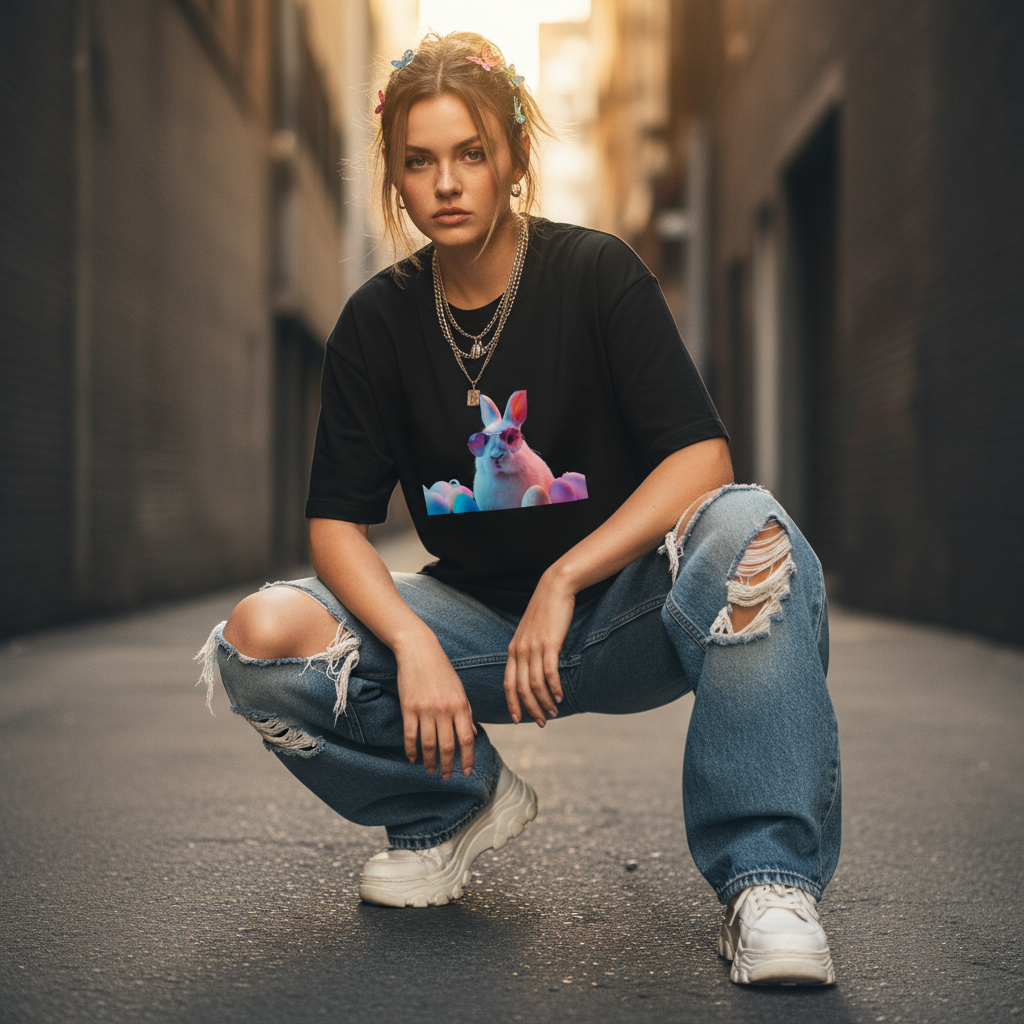Female model front pose - street crouch Gen-Z - bunny black tee