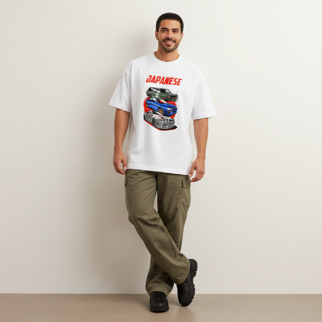 S2 - Model leaning on wall front facing with Japanese Domestic Market front print