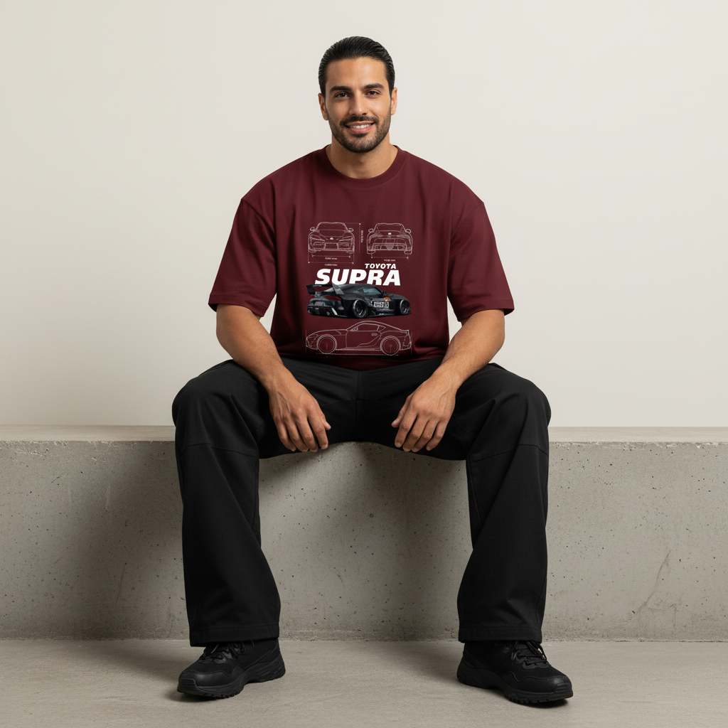 S2 - Model sitting on ledge front facing with Toyota Supra full front print