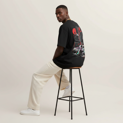 S1 - Model sitting on bar stool looking over shoulder with Nissan GTR back print
