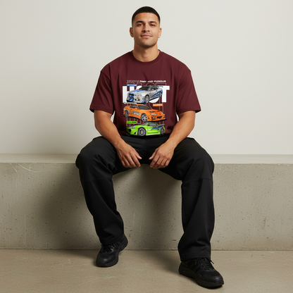 S2 - Model sitting on ledge front facing with Fast and Furious front print