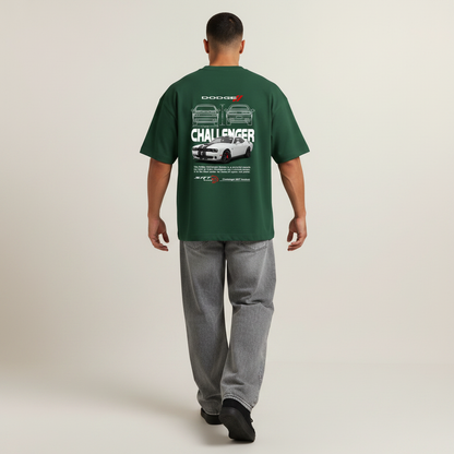 S2 - Model mid-stride walk back to camera with Dodge Challenger back print