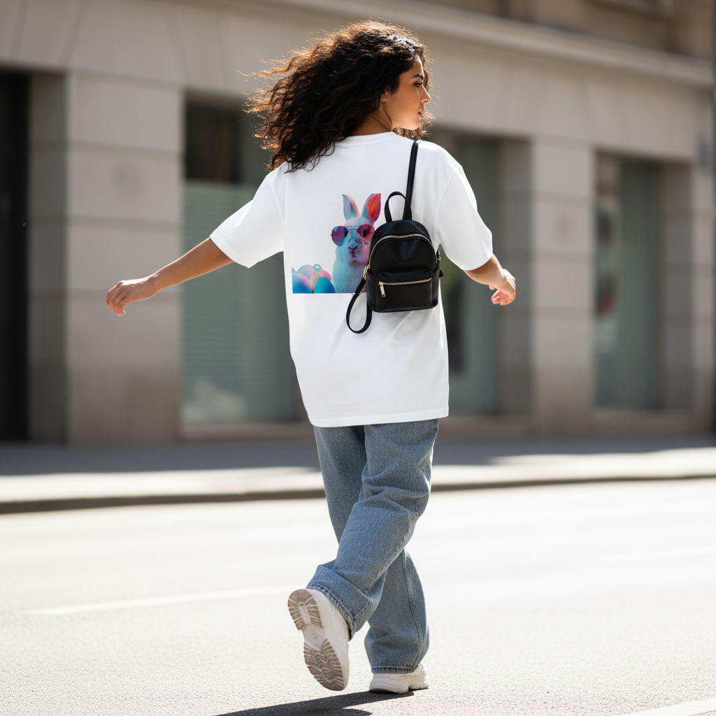 Female model back pose - mid-stride hair flow Gen-Z - bunny white tee