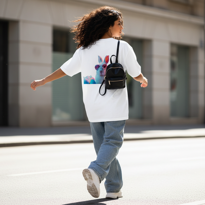 Female model back pose - mid-stride hair flow Gen-Z - bunny white tee