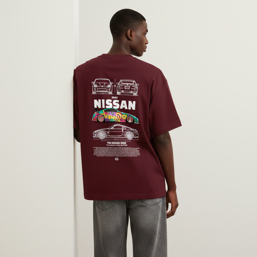 S1 - Model back to camera leaning on wall with Nissan 350Z back print