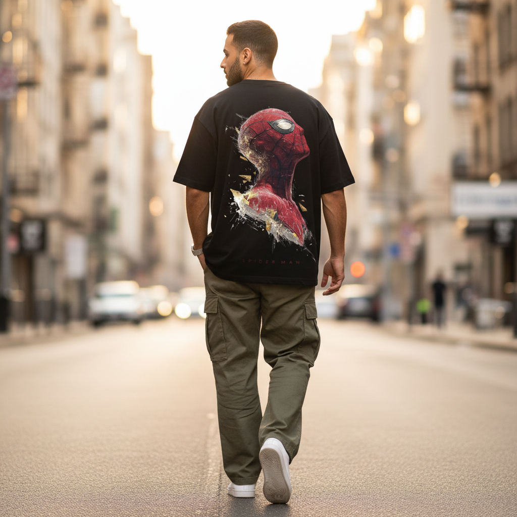 Male model back pose - Middle Eastern - Spiderman black tee