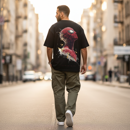 Male model back pose - Middle Eastern - Spiderman black tee