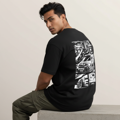 S2 - Model on ledge looking over shoulder with manga Evo back print