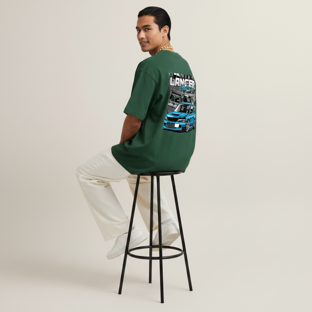 S1 - Model sitting on bar stool looking over shoulder with Lancer Evo back print