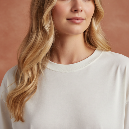 Women Plain Oversized Fit 5-Sleeve White - Neck Close-up