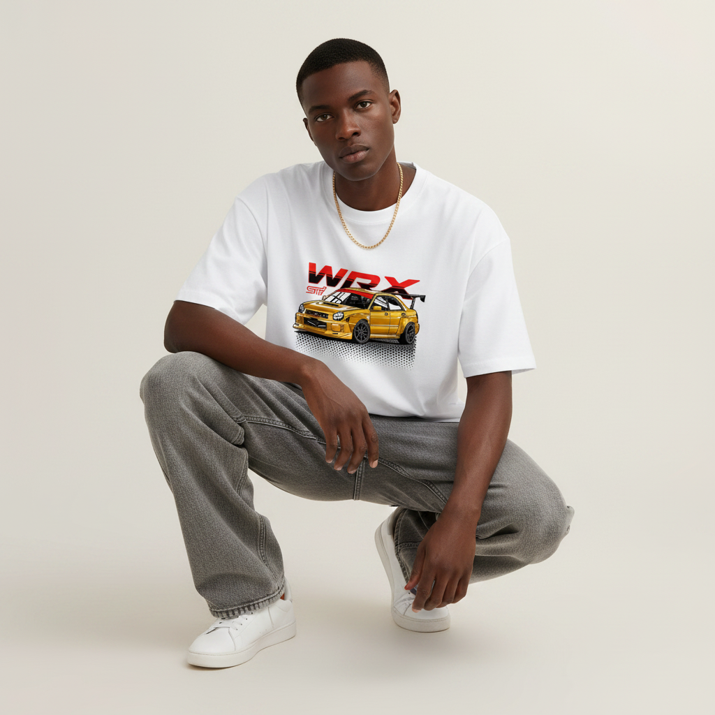 S1 - Model crouching one knee front facing with Subaru WRX STI front print