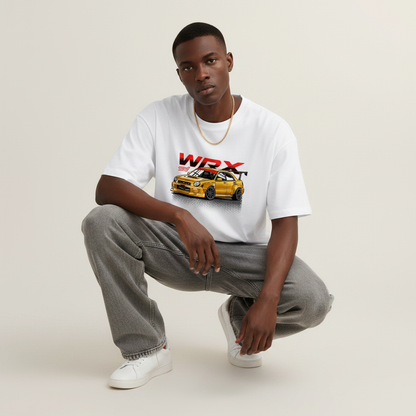 S1 - Model crouching one knee front facing with Subaru WRX STI front print