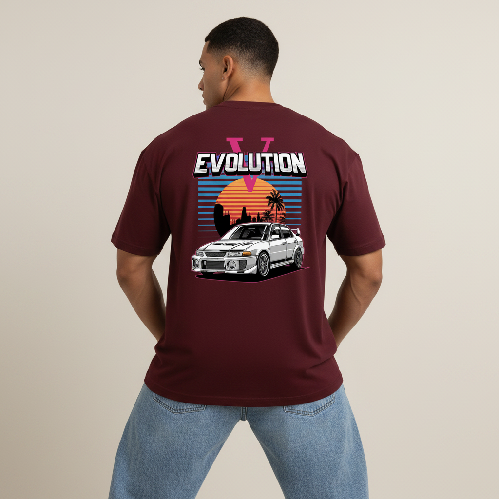 S2 - Model leaning forward back to camera with Lancer Evolution back print